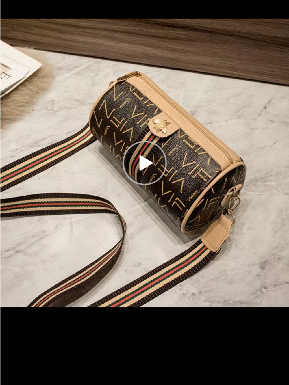 Monogram Bee Accent Barrel Crossbody Bag - khaki /Brown/-Red Stripe NIP - Picture 8 of 8
